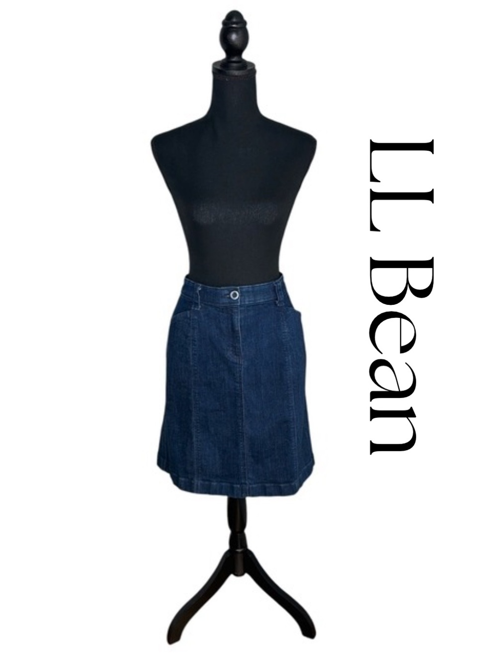 LL Bean Classic Fit Denim Knee Length Skirt Womens sz 6P Dark Wash Stretch EUC!